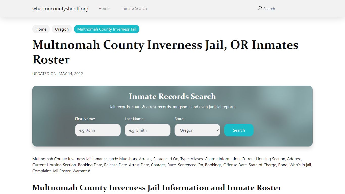 Multnomah County Inverness Jail, OR Jail Roster, Name Search
